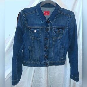 Elle Women's size Medium Blue Jean Jacket Medium Wash Cropped Coat Collared